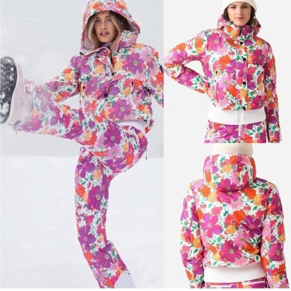 LoveShackFancy Floral Puffer Jacket in Pink, Orange, Green